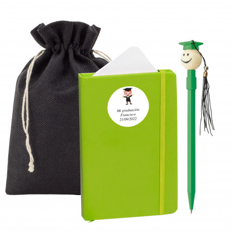 Carnet de diplôme personnalisé avec un stylo de diplômé présenté dans un sac