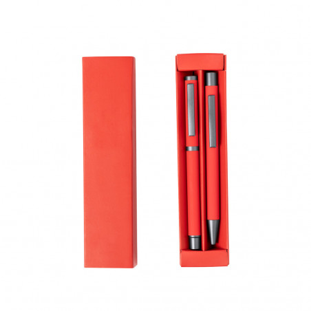 Stylo et roller dans un étui rouge avec autocollant personnalisable de cars