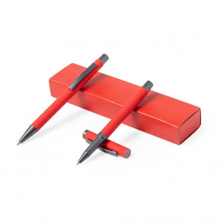 Stylo et roller dans un étui rouge avec autocollant personnalisable de cars