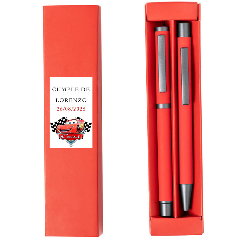 Stylo et roller dans un étui rouge avec autocollant personnalisable de cars