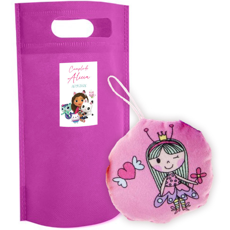 Coussin rond pour enfants sur le thème des princesses en assortiment dans un sac décoratif rose et un autocollant