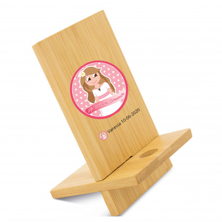 Support de téléphone portable personnalisé en bambou, souvenir de première communion