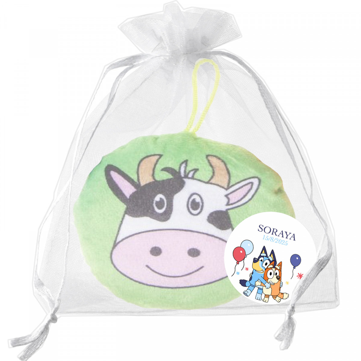 Coussin peluche animaux de ferme dans un sac en organza détail personnalisé pour événements enfantins