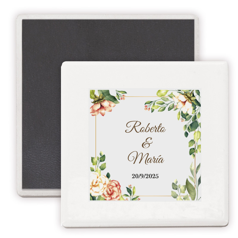 Imán en céramique personnalisé avec design floral détail élégant pour les invités