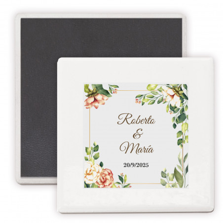 Imán en céramique personnalisé avec design floral détail élégant pour les invités