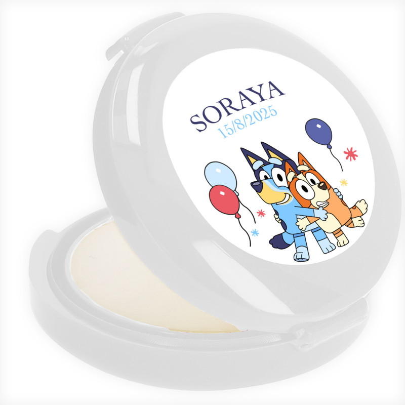 Baume à lèvres personnalisé collection bluey et bingo détail idéal pour anniversaires et communions