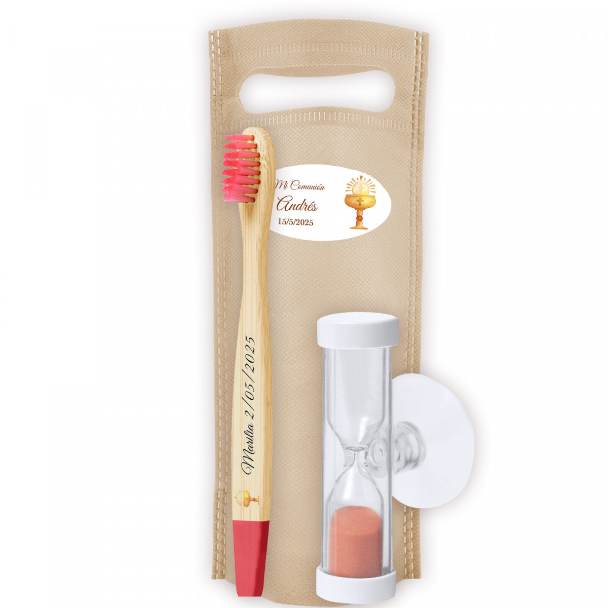 Set de brosse à dents en bambou avec sablier et sac personnalisé détail pour communion