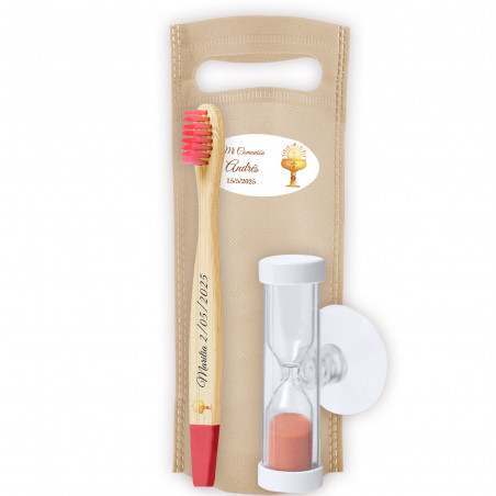 Set de brosse à dents en bambou avec sablier et sac personnalisé détail pour communion