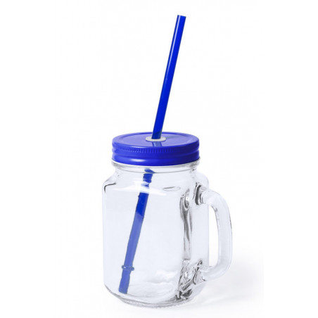 Jarre en verre personnalisé avec couvercle bleu et paille pour communion