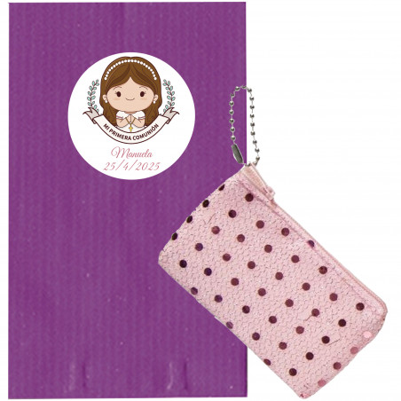 Porte-monnaie avec paillettes assorties en couleurs avec enveloppe en kraft et autocollant de communion de fille