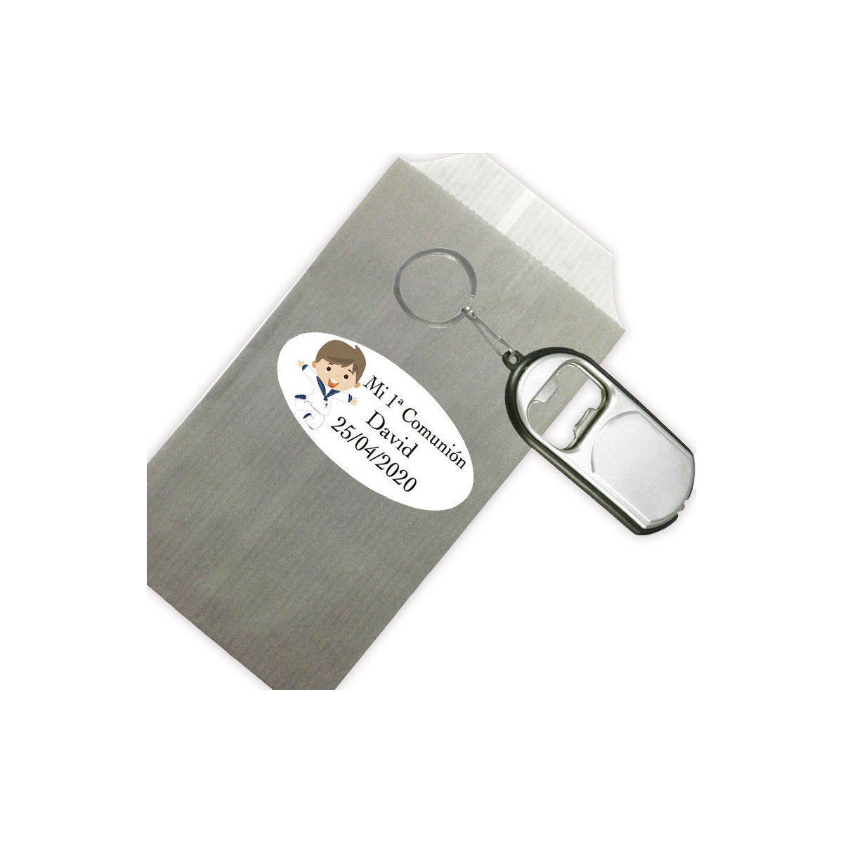 Porte-clés ouvre-bouteille pour des détails de communion enfant personnalisé avec enveloppe et autocollant