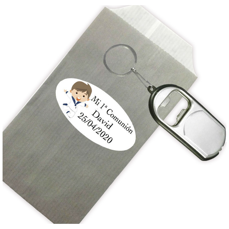 Porte-clés ouvre-bouteille pour des détails de communion enfant personnalisé avec enveloppe et autocollant