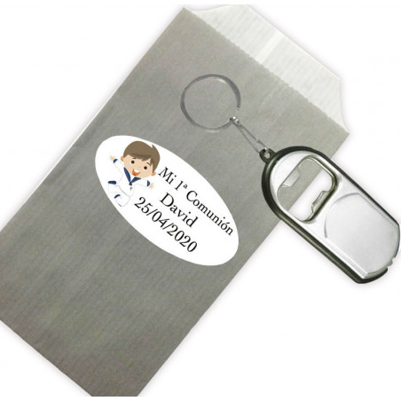 Porte-clés ouvre-bouteille pour des détails de communion enfant personnalisé avec enveloppe et autocollant
