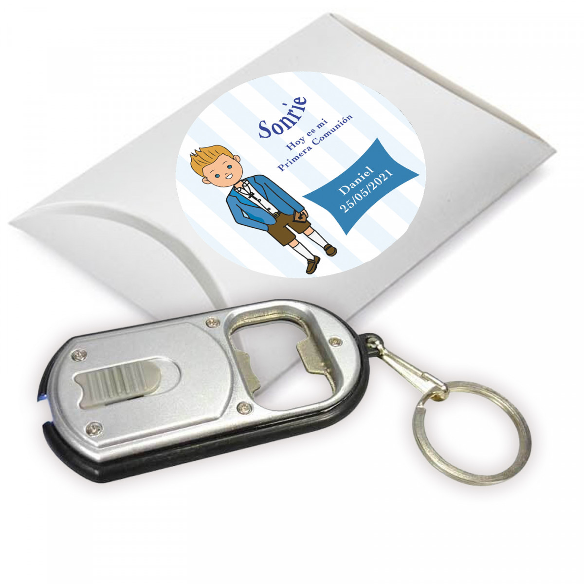 Ouvre-porte communion enfant dans une boîte en carton avec un autocollant personnalisé