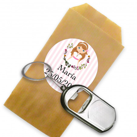 Porte-clés décapsuleur en enveloppe kraft pour les détails de la communion fille