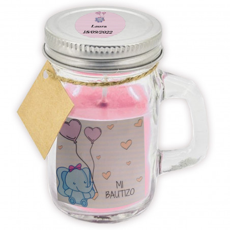 Bougie parfumée rose avec couvercle personnalisé pour baptême