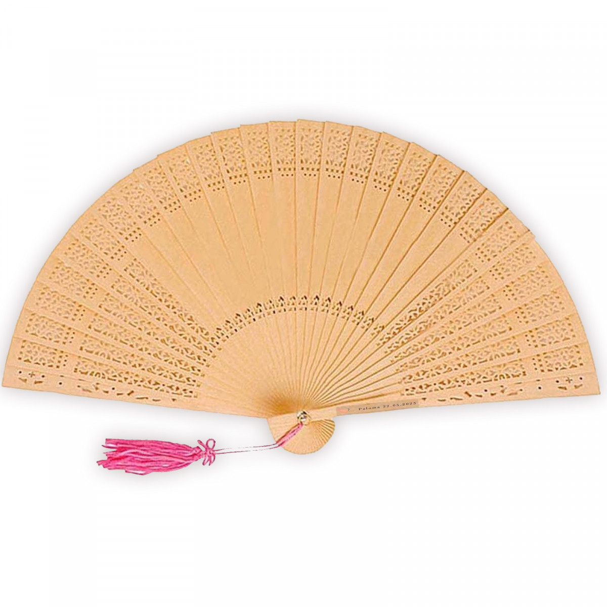 Éventail en bois avec pompon rose personnalisé pour les invités