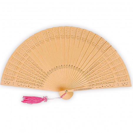 Éventail en bois avec pompon rose personnalisé pour les invités