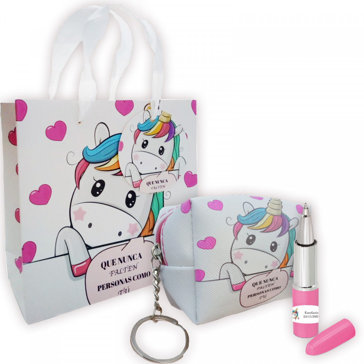 Porte-clés porte-monnaie et stylo rouge à lèvres avec autocollant personnalisé présenté dans un sac cadeau
