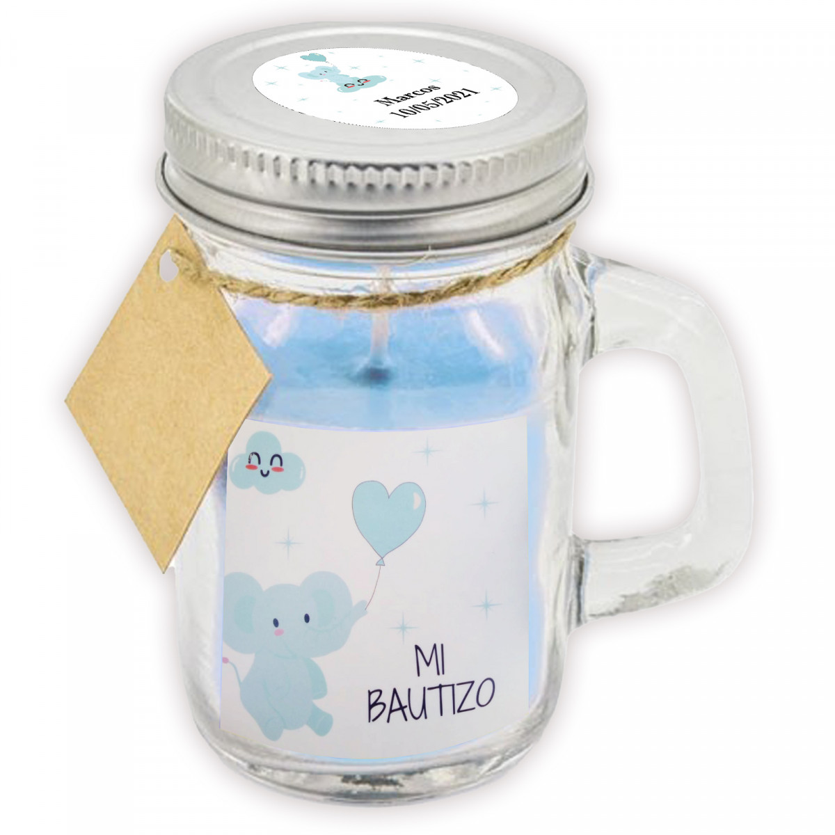 Bougie aromatique bleue avec couvercle personnalisé pour baptême