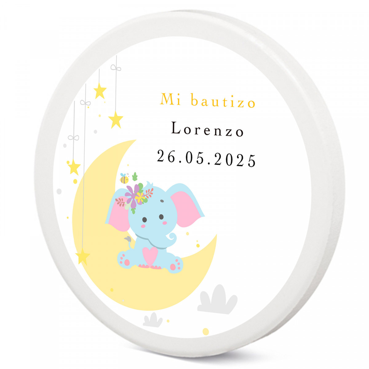 Iman en céramique personnalisé pour baptême avec éléphant sur la lune