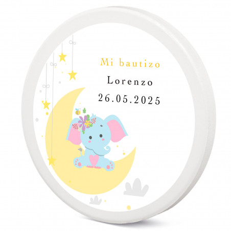 Iman en céramique personnalisé pour baptême avec éléphant sur la lune