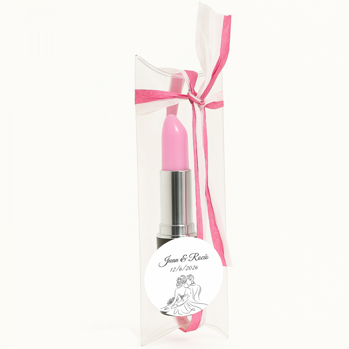 Stylo rouge à lèvres personnalisé pour un mariage dans une boîte en acétate décorée avec de la rafia