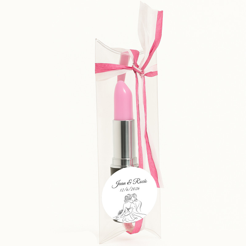 Stylo rouge à lèvres personnalisé pour un mariage dans une boîte en acétate décorée avec de la rafia