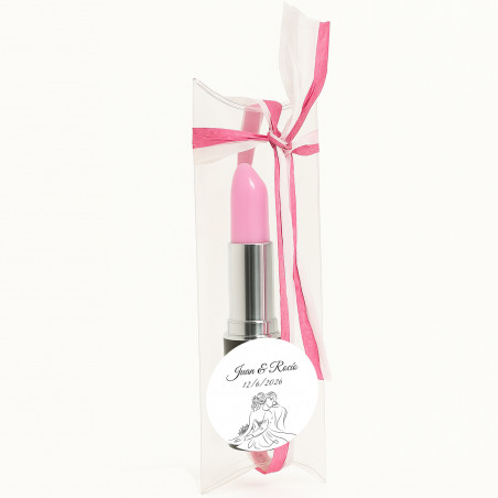 Stylo rouge à lèvres personnalisé pour un mariage dans une boîte en acétate décorée avec de la rafia