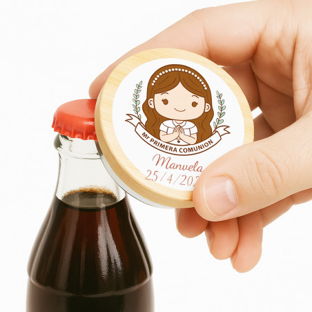 Ouvre-bouteille magnétique avec autocollant première communion fille pour cadeaux invités