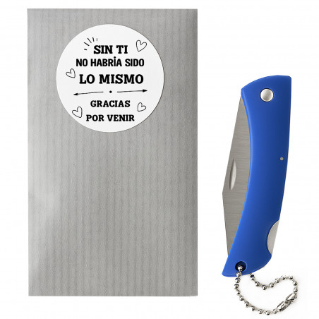 Couteau bleu avec enveloppe kraft et autocollant de remerciement