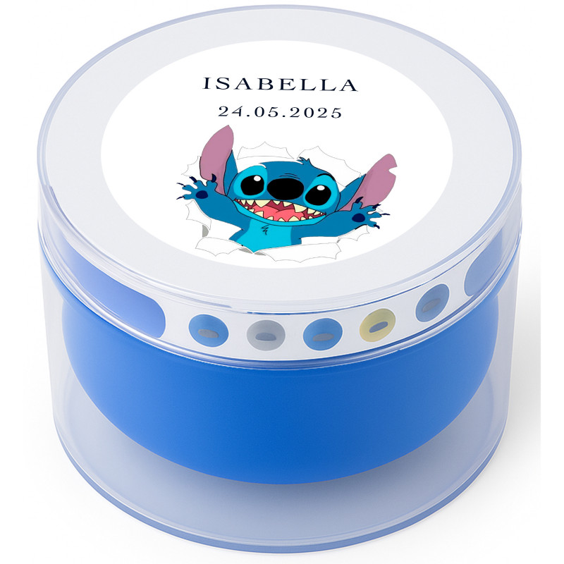 Haut parleur bluetooth bleu personnalisé avec design de stitch: détail original pour communions et événements pour enfants.