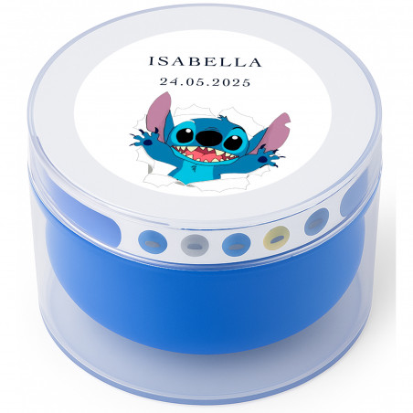 Haut parleur bluetooth bleu personnalisé avec design de stitch: détail original pour communions et événements pour enfants.