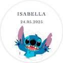 Haut parleur bluetooth bleu personnalisé avec design de stitch: détail original pour communions et événements pour enfants.