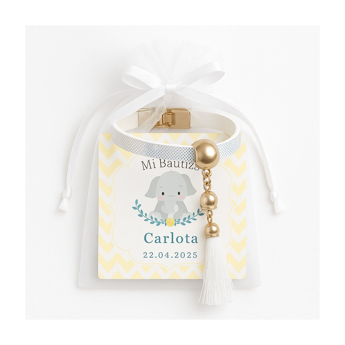 Bracelet blanc avec pompon et carte de visite personnalisée pour baptêmes