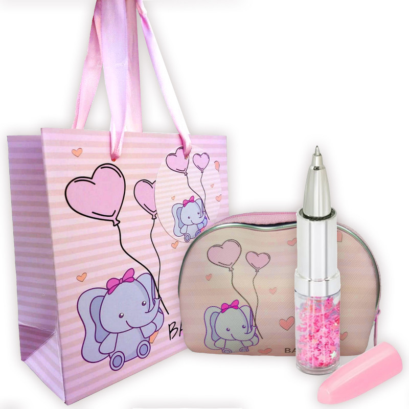 Stylo rouge à lèvres avec porte-monnaie rose pour baptême présenté dans un sac