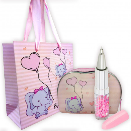 Stylo rouge à lèvres avec porte-monnaie rose pour baptême présenté dans un sac