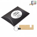 Porte-clés en bambou avec support pour mobile dans une boîte en carton et autocollants avec des phrases de remerciement
