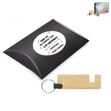 Porte-clés en bambou avec support pour mobile dans une boîte en carton et autocollants avec des phrases de remerciement