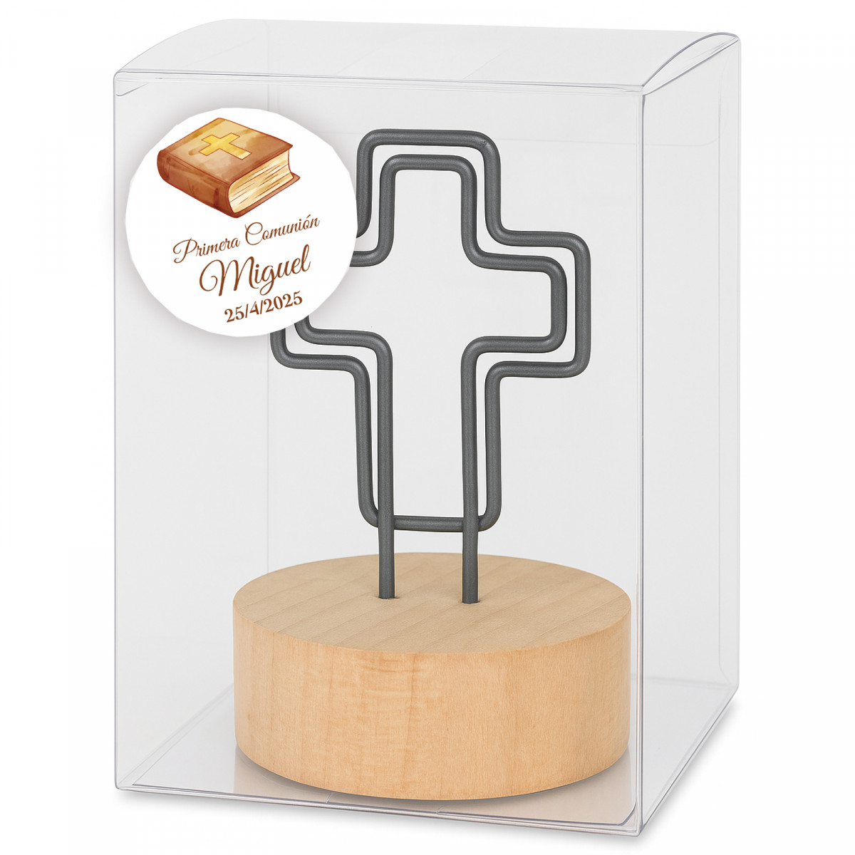 Clip en forme de croix avec boîte en acétate et adhésif de communion personnalisé