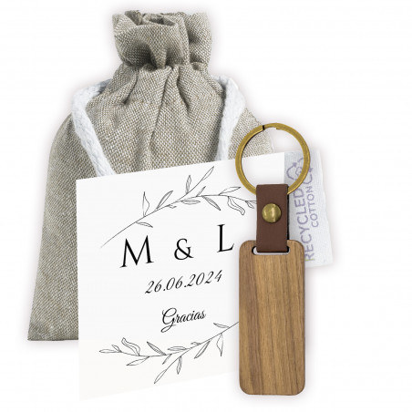 Porte-clés en bois avec carte imprimée et sac pour les détails des invités de mariage