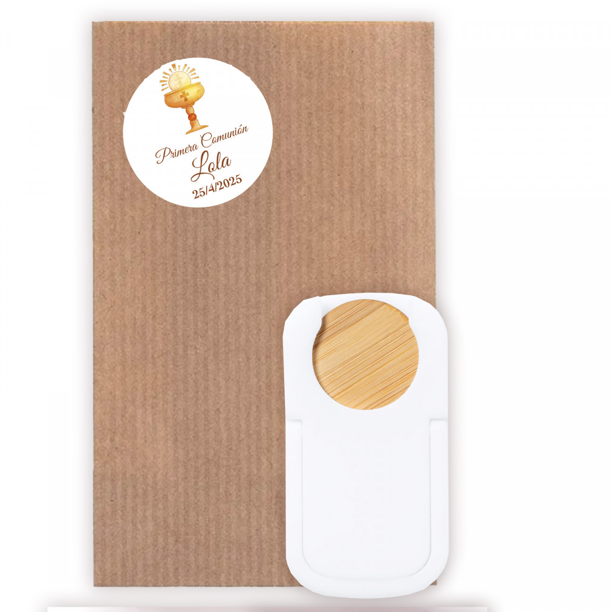Support pour mobile avec pièce en bambou personnalisée avec autocollant de communion dans une enveloppe kraft