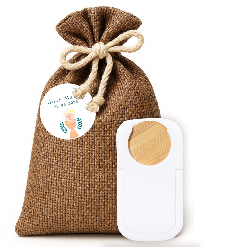 Support pour mobile avec pièce en bambou et adhésif calice pour détails dans un sac rustique