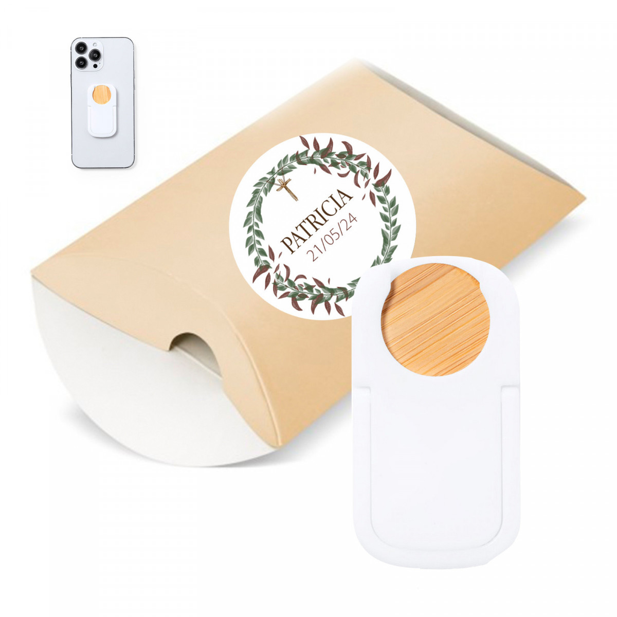 Support pour smartphone dans un étui kraft avec autocollant couronne pour les détails des invités