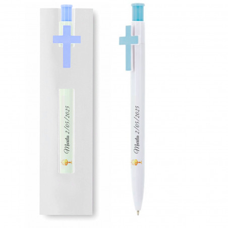 Stylo personnalisé pour communion avec étui blanc et motif de calice