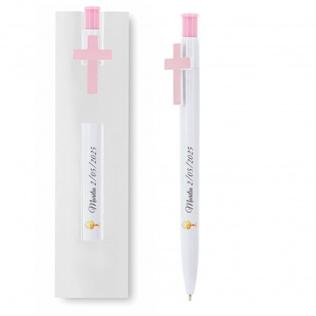 Stylo personnalisé pour communion avec croix rose