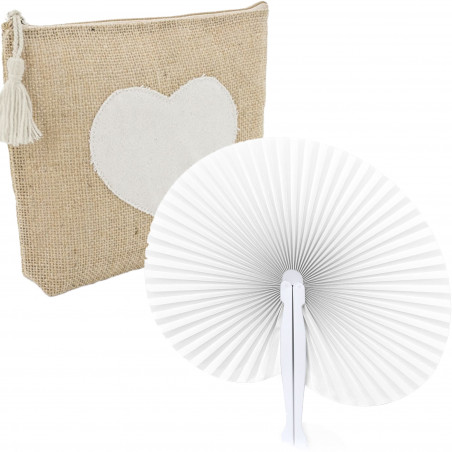 Nécessaire en jute avec cœur et éventail blanc idéal pour les détails des invitées.