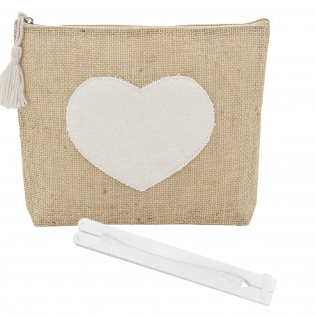 Nécessaire en jute avec cœur et éventail blanc idéal pour les détails des invitées.