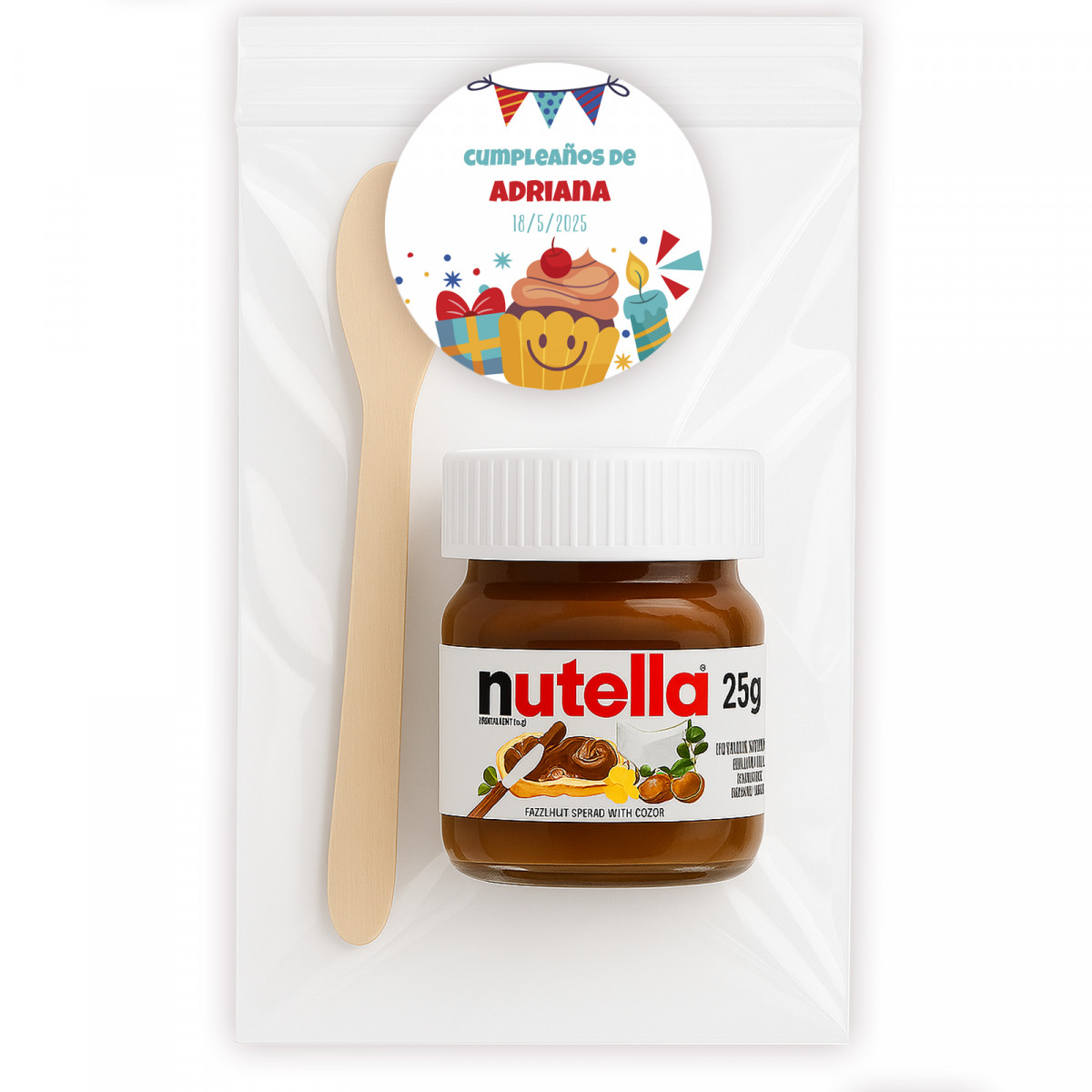 Nutella personnalisée avec autocollant dans un sac transparent avec cuillère