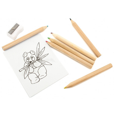 Crayons de couleur avec feuilles à colorier dans une boîte avec un autocollant transparent personnalisable à offrir